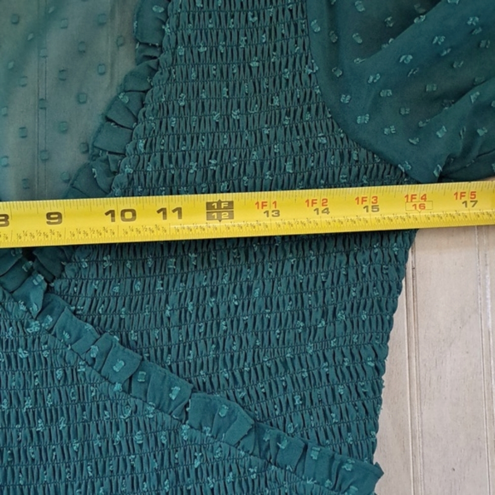 ASOS Design Emerald Green Smocked Ruffles Maxi Dress Flowy Feminine Puff Sleeves - Picture 12 of 14